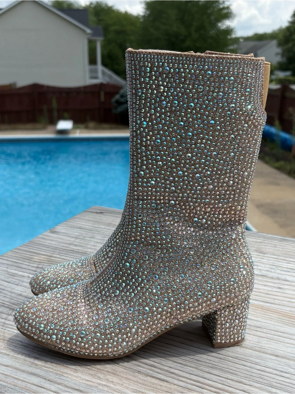 Rhinestone Tall, Round Toe, Chunky Low Heel Girls Boots Size 4